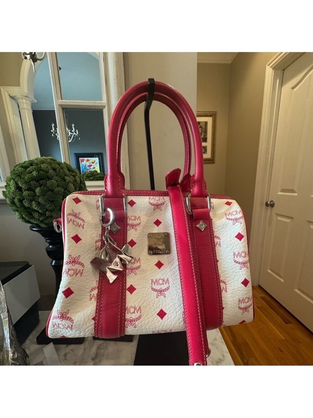MCM - Visetos Boston Bag - Pink w/Crossbody & MCM Bag Charm - EUC